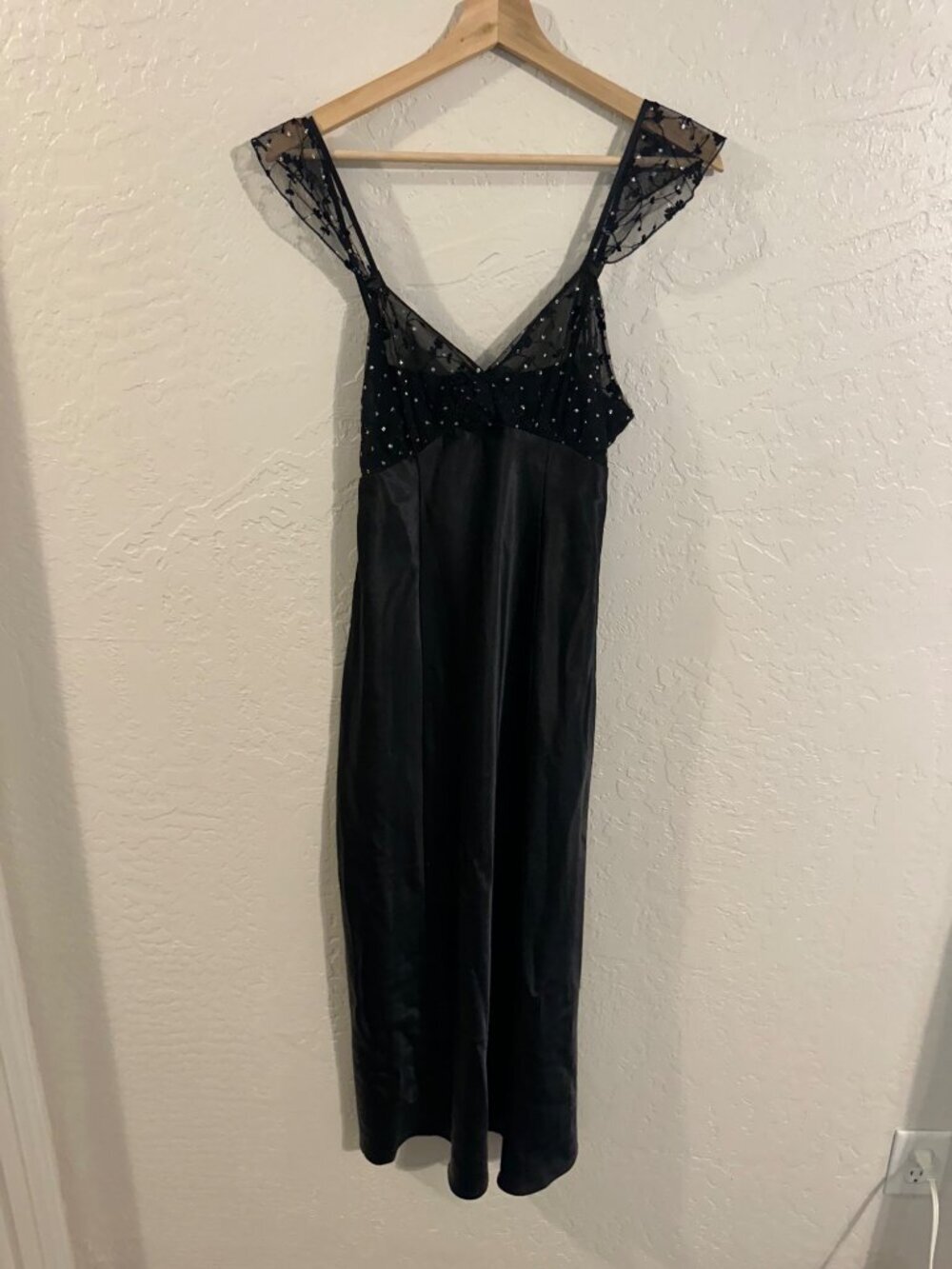 Delicates Whimsigoth Fairy Style Black Satin Floral Bejeweled Maxi Dress